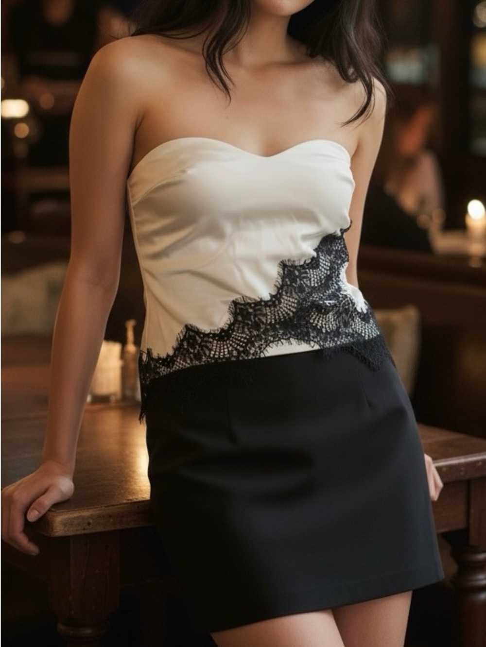 White Strapless Top with Black Lace Accent